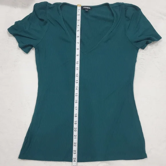 Set Of 3 Tops Express Red/Orange, Black & Green Ribbed V-Neck, Puff Sleeves Med - Picture 4 of 11